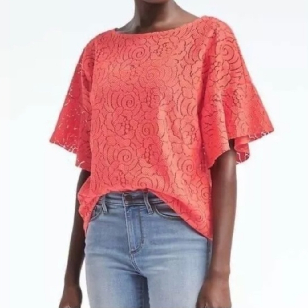 Banana Republic Coral Sheer Lace Bell Sleeve Top Cami Lining Bell Ruffle Size XS